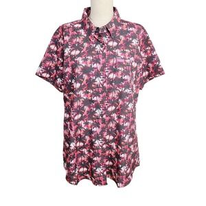 Dixxon Flamingo Dreams Palm Print Performance Button Up Shirt Black Pink L